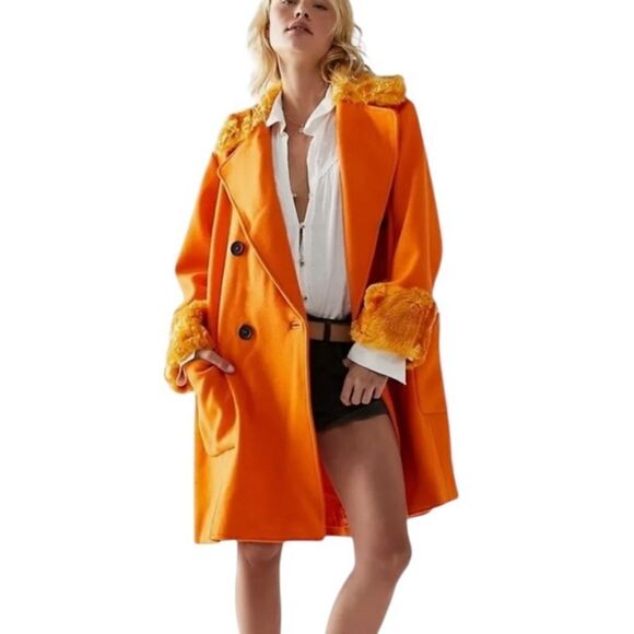 NWT Free People Roxy Wool Coat Fur Collar Trim Lined Oversized Orange XS